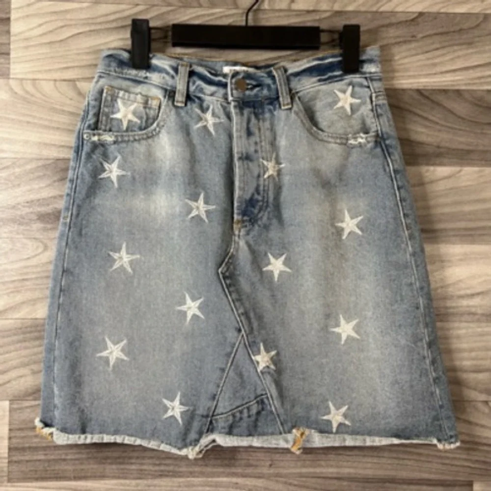 Yelena Denim Skirt Jean Womens 27 Blue Above Knee Raw Hem Stars 4th‎ Of July